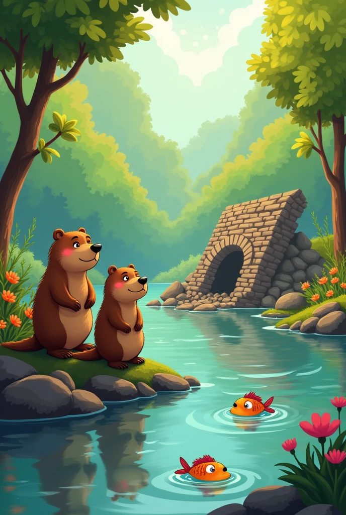 Make me a pair of beavers watching their ruined house in the distance, sad about the state it is in ,with cartoon drawing