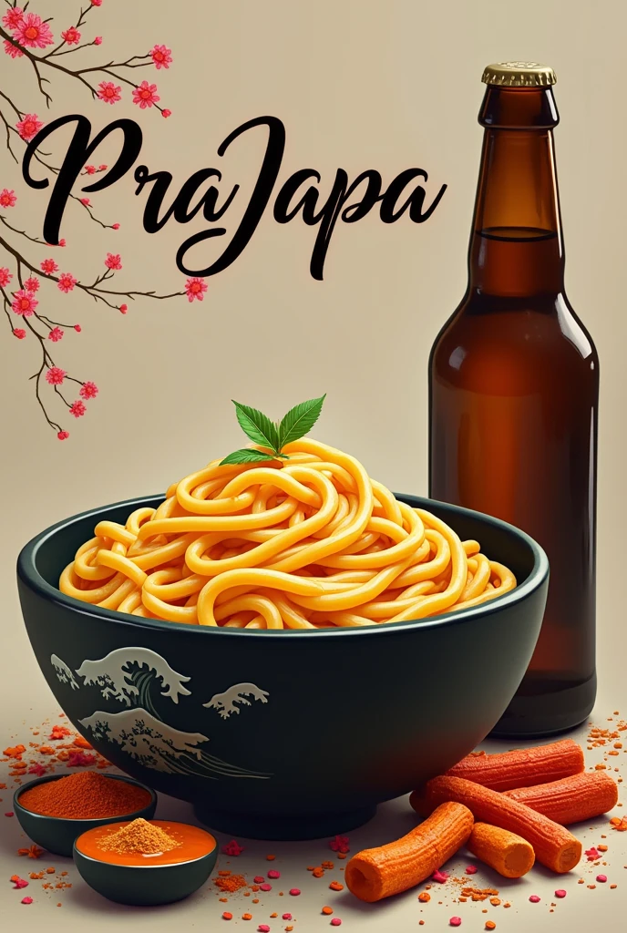 Logo cover for restaurant with Japanese characteristics, Italian pasta dough, Brazilian family, with the name of the restaurant written "PraJapa", Indian spices and bottle of beer