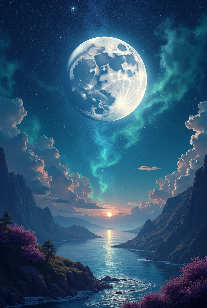 The moon is surrounded by many, many glowing stars. The starry sky is twinkling and the light trails are even brighter. Surreal scene. Beautiful stunning composition. Subtle shadows and highlights. Dark blues, light blues and greens, and purple tones. More color layers. Transformation Mystery Vibrant Tones Action Painting Highly Detailed HD Cinematic Close-Up Magical Fantasy Gorgeous Digital Art