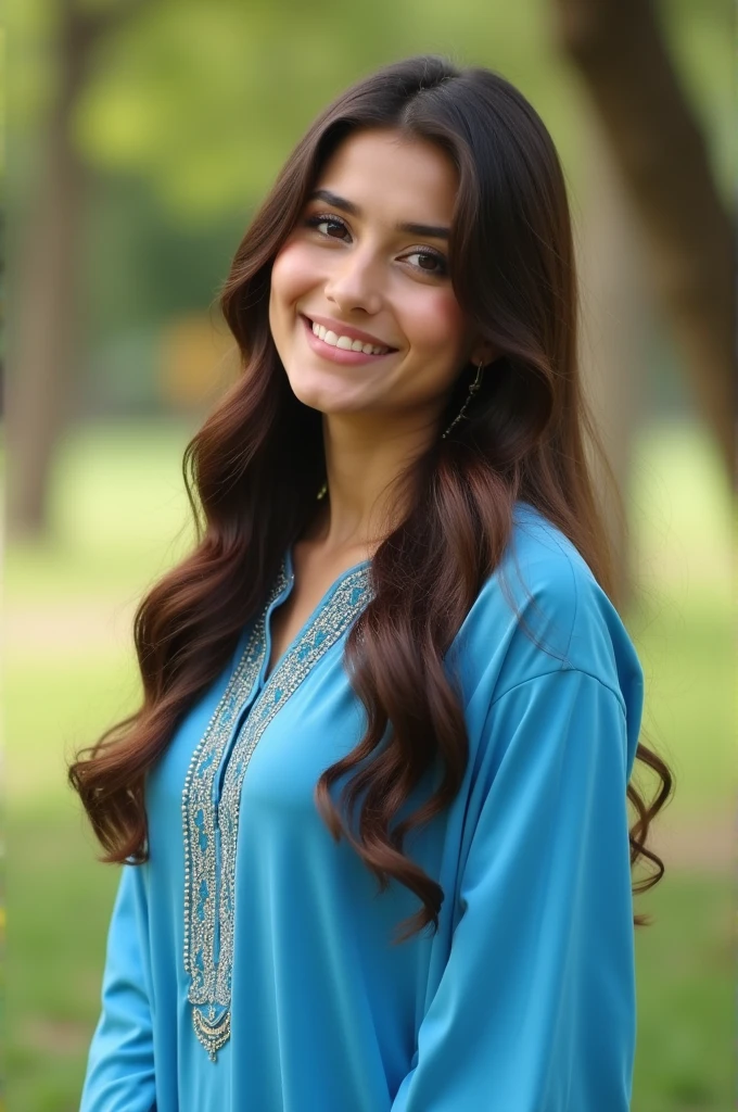Beautiful Pakistani 20 year old girl brown hair black eyes cute glowing face, blue tight shalwar kameez, full body in park background blur