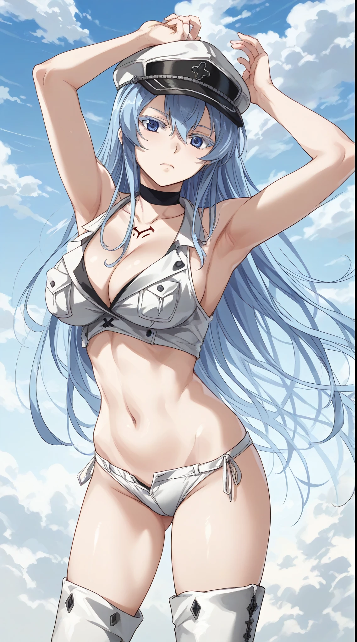 esdeath, blue eyes, blue hair, long hair,large breast, eyelashes, boots, choker, cleavage, collarbone, hat, military, military uniform, peaked cap, thigh boots, thighhighs, uniform,