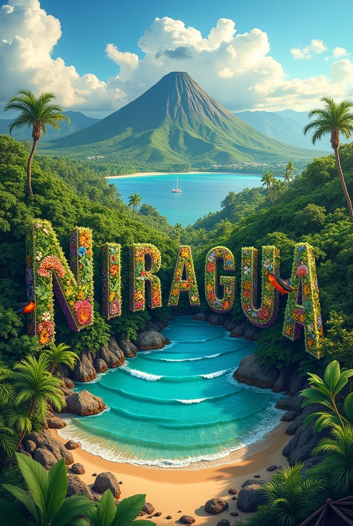 Image of the word Nicaragua with representative things of the country