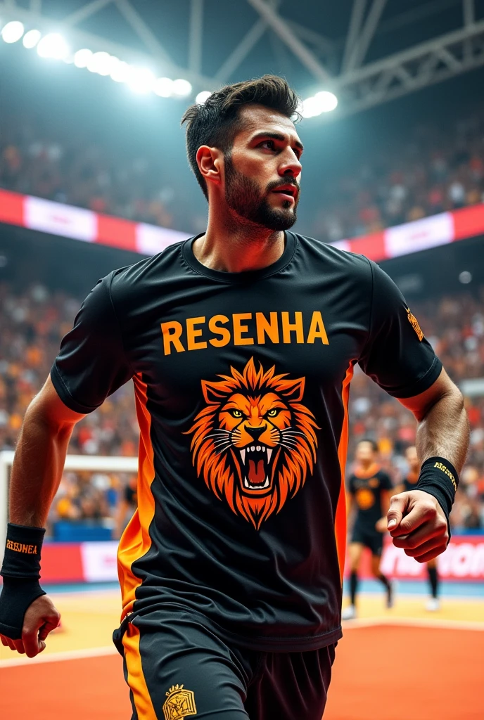 Black and orange Resenha shirt, with team name on chest, with a print of a lion biting a volleyball