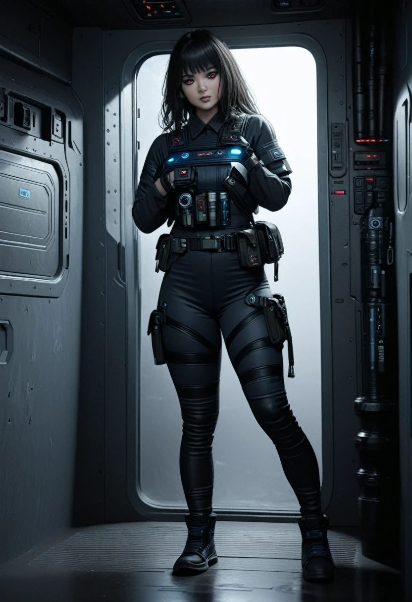 A female Chiss with dark blue skin, black hair, and red eyes, wearing a black jumpsuit, tool belt, in a full body pose, standing next to a window in the hallway of a spaceship, (best quality,4k,8k,highres,masterpiece:1.2),ultra-detailed,(realistic,photorealistic,photo-realistic:1.37),detailed cyberpunk character, hyper realistic, highly detailed face, intricate details, dramatic lighting, sci-fi, cinematic, moody atmosphere, cinematic lighting, dramatic lighting, vibrant colors, depth of field
