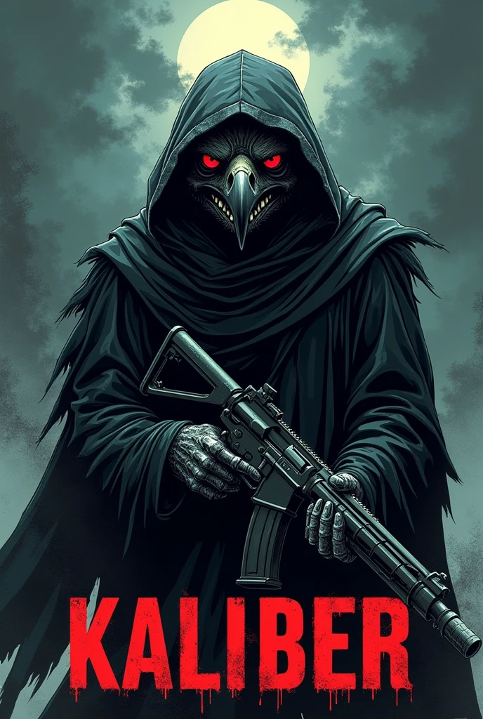 Just the face of a hawk as the grim reaper holding a machine gun with the word kaliber below it in large text