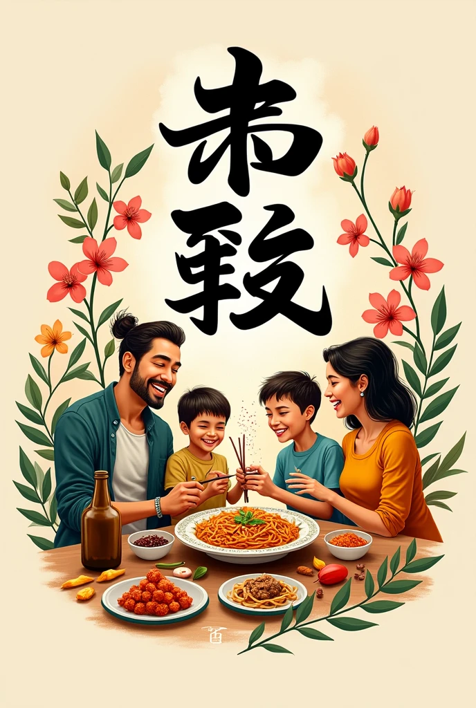 Logo cover for restaurant with Japanese characteristics, Italian pasta dough, Brazilian family, with the name of the restaurant written "PraJapa", Indian spices and bottle of beer