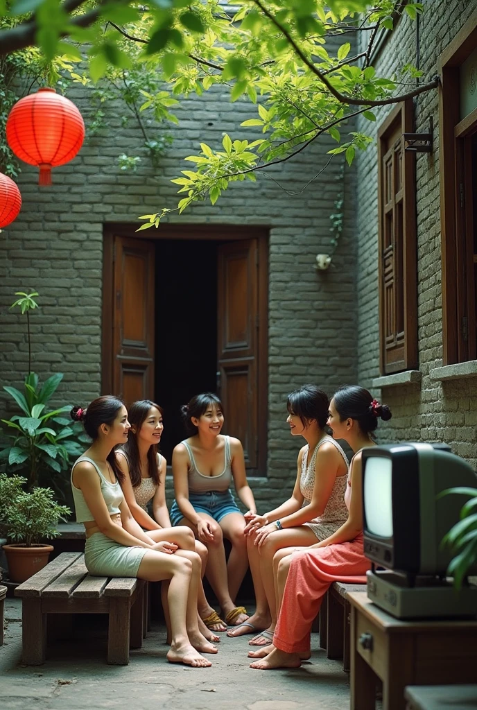 1980s,Beijing,old courtyard house,summer,Some people sit together,Watch a black and white TV