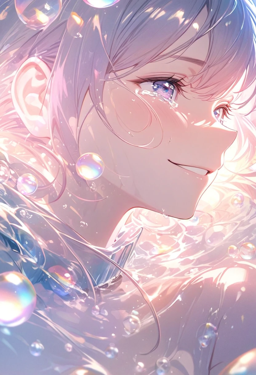 A person lying in the water,With smooth abstraction,Reflection and mirror styles,Transparent light pink,Shimizu,White soap bubbles,Bokeh photos,Close-up from the neck up,Head close-up,Happy smiling crying face