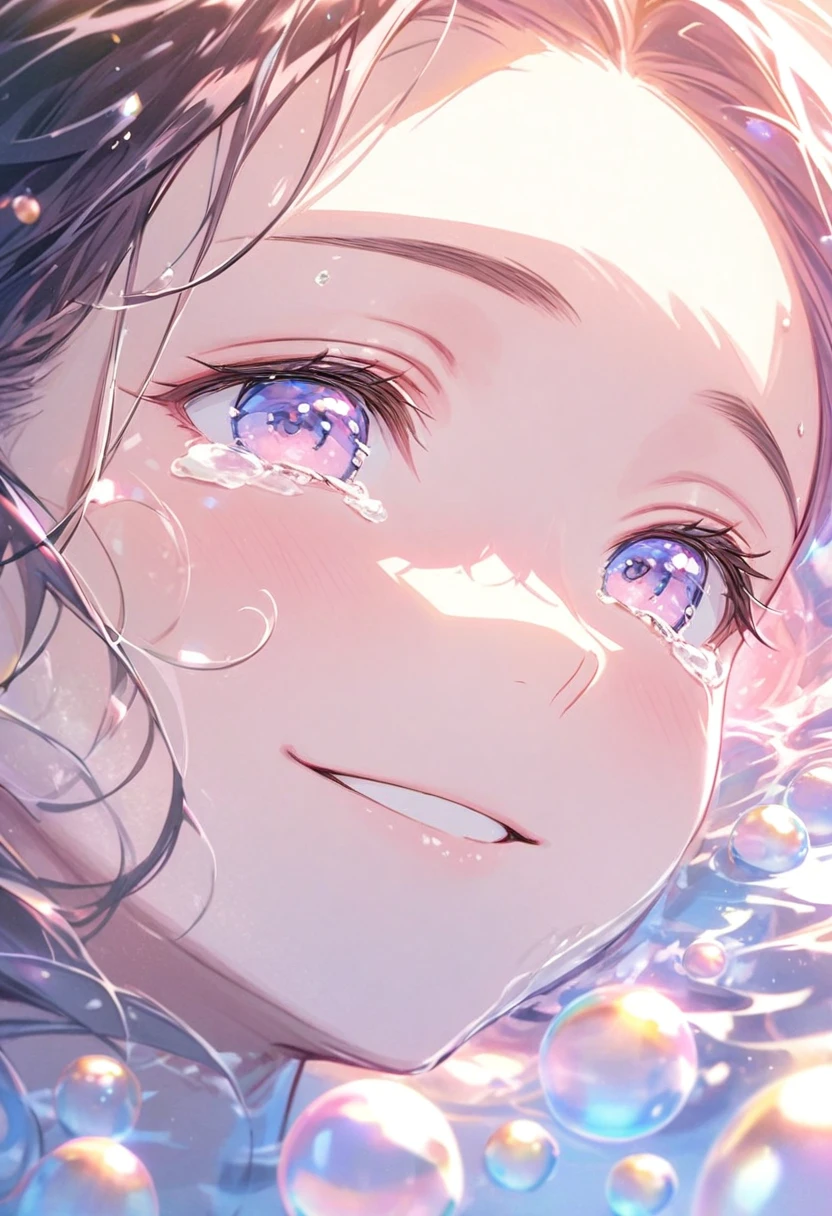 A person lying in the water,With smooth abstraction,Reflection and mirror styles,Transparent light pink,Shimizu,White soap bubbles,Bokeh photos,Close-up from the neck up,Head close-up,Happy smiling crying face