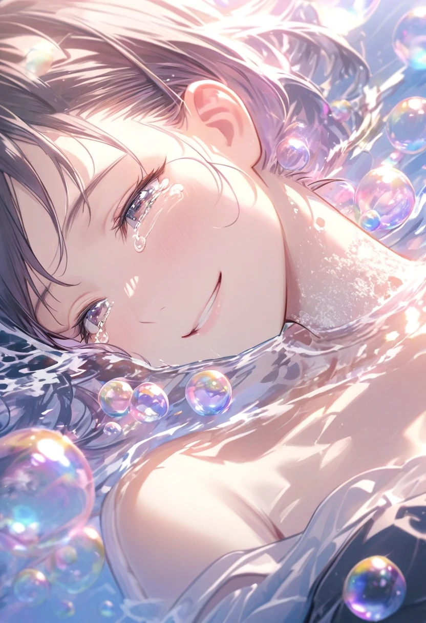 A person lying in the water，With smooth abstraction，Reflection and mirror styles，Transparent light pink，Shimizu，White soap bubbles，Bokeh photos，Close-up from the neck up，Head close-up,Happy smiling crying face
