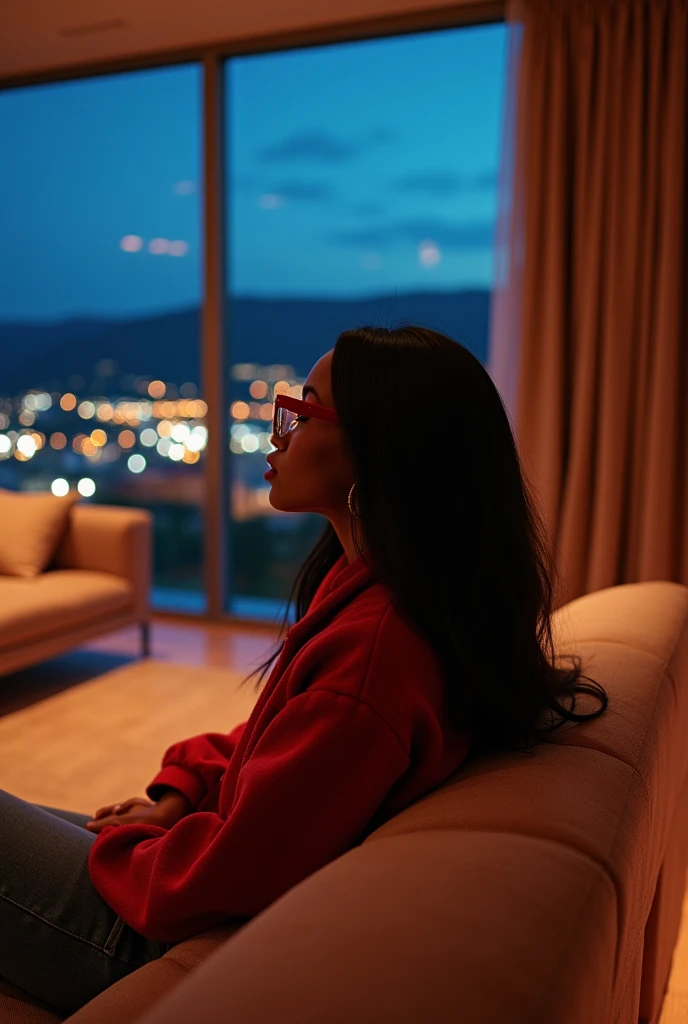 black girl, 19 ans, long black hair, red glasses, sitting in a large luxury modern living room, tan furniture, dark lighting, night, panoramic view of italy out of the window, wearing pacsun
