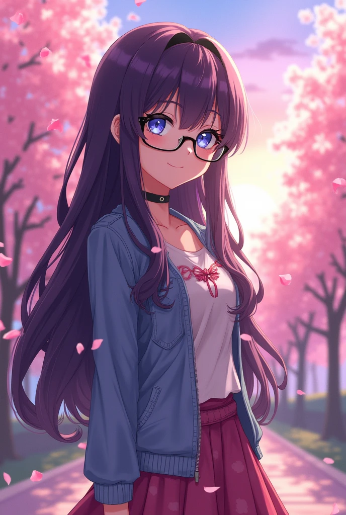 Anime girl with dark purple hair blue eyes doll lips and glasses