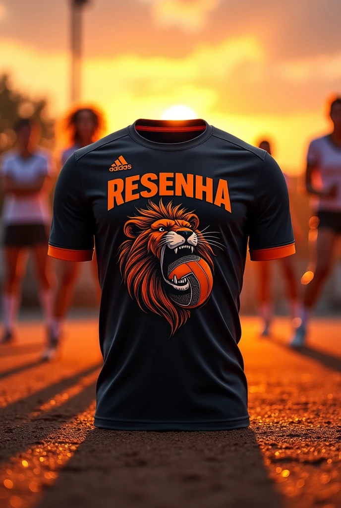 Black and orange Resenha shirt, with team name on chest,  with a print of a lion biting a volleyball 