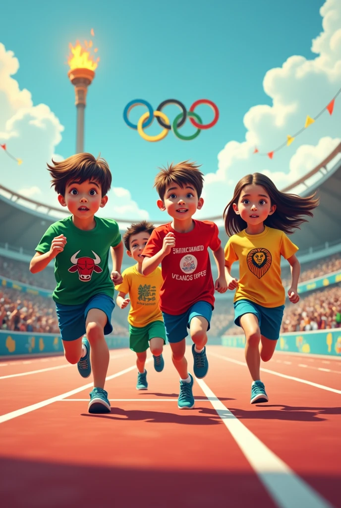 Four children competing on an athletic track, all arriving at the finish line at the same time, one next to the other. Among the four children there must be a child athlete in a green uniform with a bull insignia, a child athlete in a red uniform and a dragon insignia, a girl athlete in a yellow uniform with a lion insignia and a girl athlete in a blue uniform with an eagle insignia. In the background the large Olympic rings, The Olympic torch and the shield of the San Jose Obrero Marianistas school