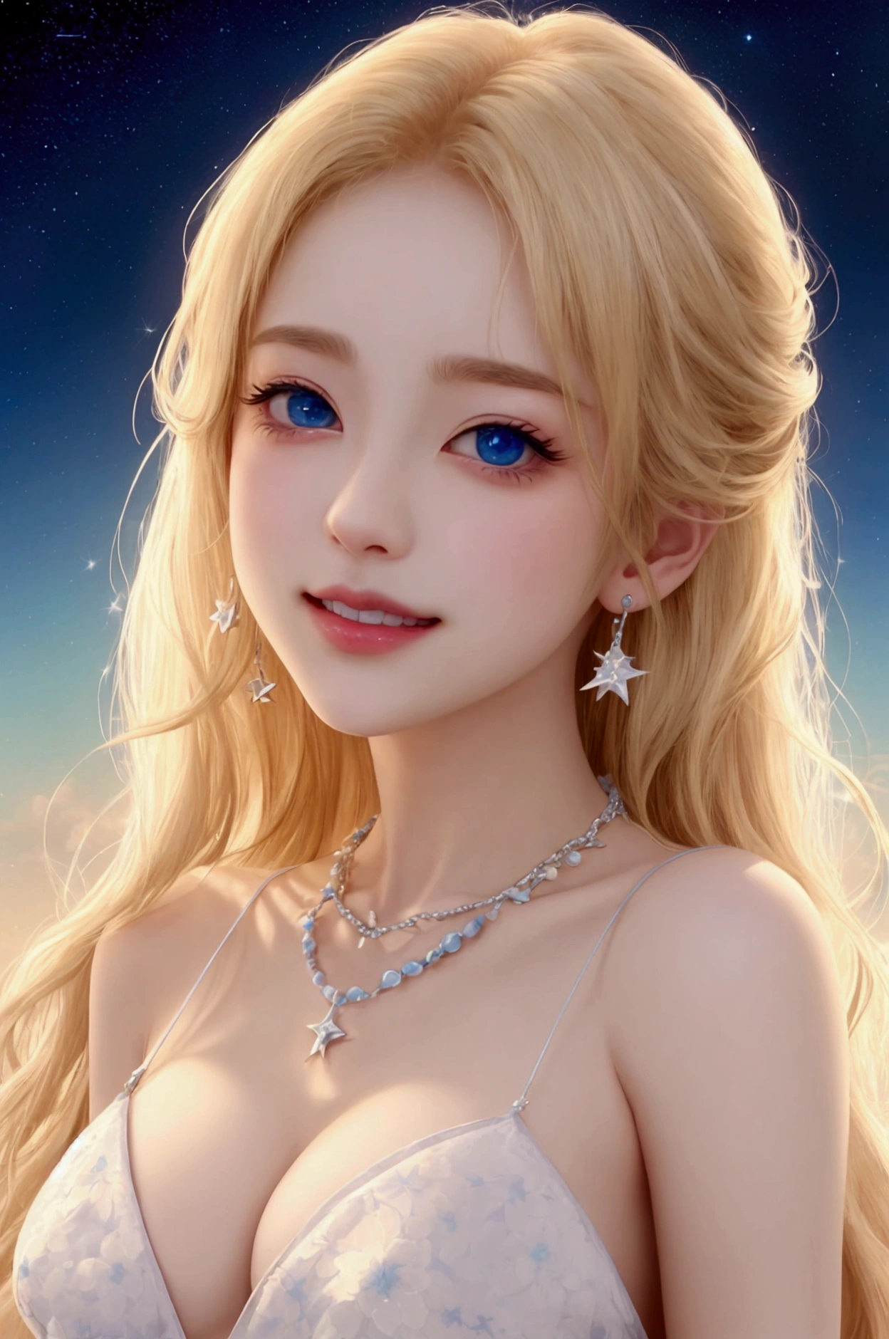 (masterpiece、Highest quality、8k、High resolution)、(The best beautiful girl)、Best Style、(The most beautiful face)、Clear skin、Clean blue eyes、Beautiful lips、smile、Beautiful white upper teeth、Beautiful nose、Blonde Hair、Ample breasts、Walking on the sand、look back、Ocean、You can see the forest、A bright night with stars visible、Beautiful starry sky、milky way、(体whole bodyから神秘的な光の粒子、Colorful Light)、(jewelry、necklace)、dress、(whole body)、Highly detailed anime art、A complete portrayal、