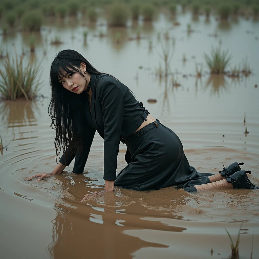 A captivating and color photo of one business goth lady, exuding a slender, model-like appearance with long hair. She is dressed in black long classic business skirt, black dirty business jacket. vest, shirt, torn stockings, black choker on the neck. She located in very muddy and very flooded field. She crawling on her knees and 2 elbows in flirtatious and provocative pose deep in the water and liquid mud ,dips her head in the liquid mud and very tears her clothes and gets stuck in mud, but fully clothed in business skirt suit, she smear a lot of liquid mud on own clothes and torn and rip it by hand. All her clothes is dirty, torn, ripped and sloppy, her skirt and jacket are very stained in a liquid mud and dirt. She look like have played in mud in a large swamp with brown liquid mud, her clothes covered with liquid mud from head to toe. The studio light brilliantly illuminates all her clothes in details, casting small shadows and emphasizing the texture of the mud, milk on her clothes. Please focus on stains of liquid mud on her clothes. View angle of the camera from top and from backs of the business lady and rotated left.