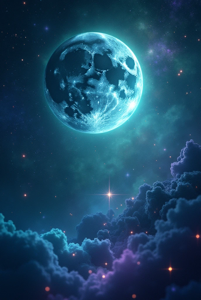 The moon is surrounded by many, many glowing stars. The starry sky is twinkling and the light trails are even brighter. Surreal scene. Beautiful stunning composition. Subtle shadows and highlights. Dark blues, light blues and greens, and purple tones. More color layers. Transformation Mystery Vibrant Tones Action Painting Highly Detailed HD Cinematic Close-Up Magical Fantasy Gorgeous Digital Art