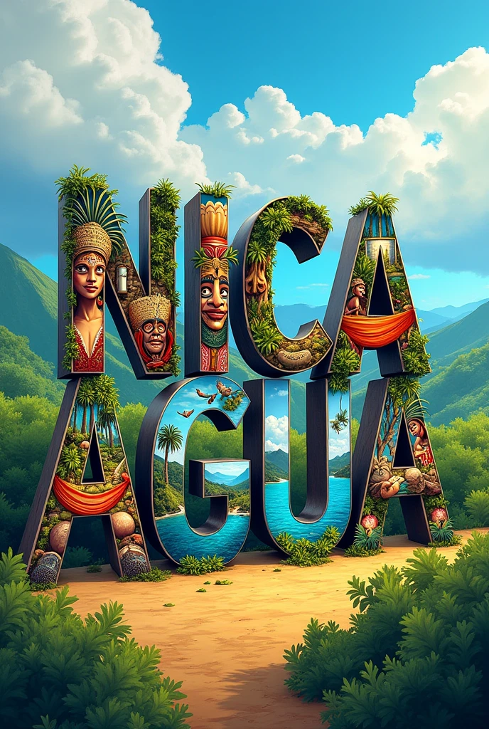 Image of the word Nicaragua with representative things of the country inside the word 

