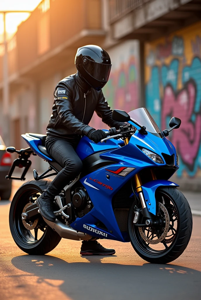 Blue suzuki gixxer naked type motorcycle with the name L_Carrillo in jacket
