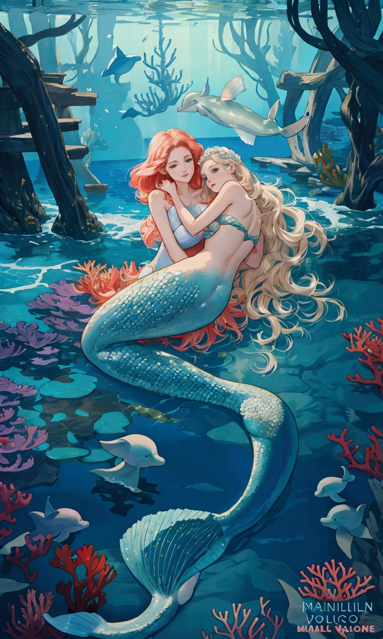 Mermaid and dolphins in the ocean with corals and coral reefs, beautiful Mermaid, Magaly Villeneuve and Monet, Graphic artist Magali Villeneuve, Mermaid, Beautiful digital artwork, portrait of Mermaid, Beautiful fantasy art, A beautiful artistic illustration, Marguerite Villeneuve, very Beautiful fantasy art, Goddess of the sea, Ocean Goddess, Beautiful digital illustrations, Mermaids