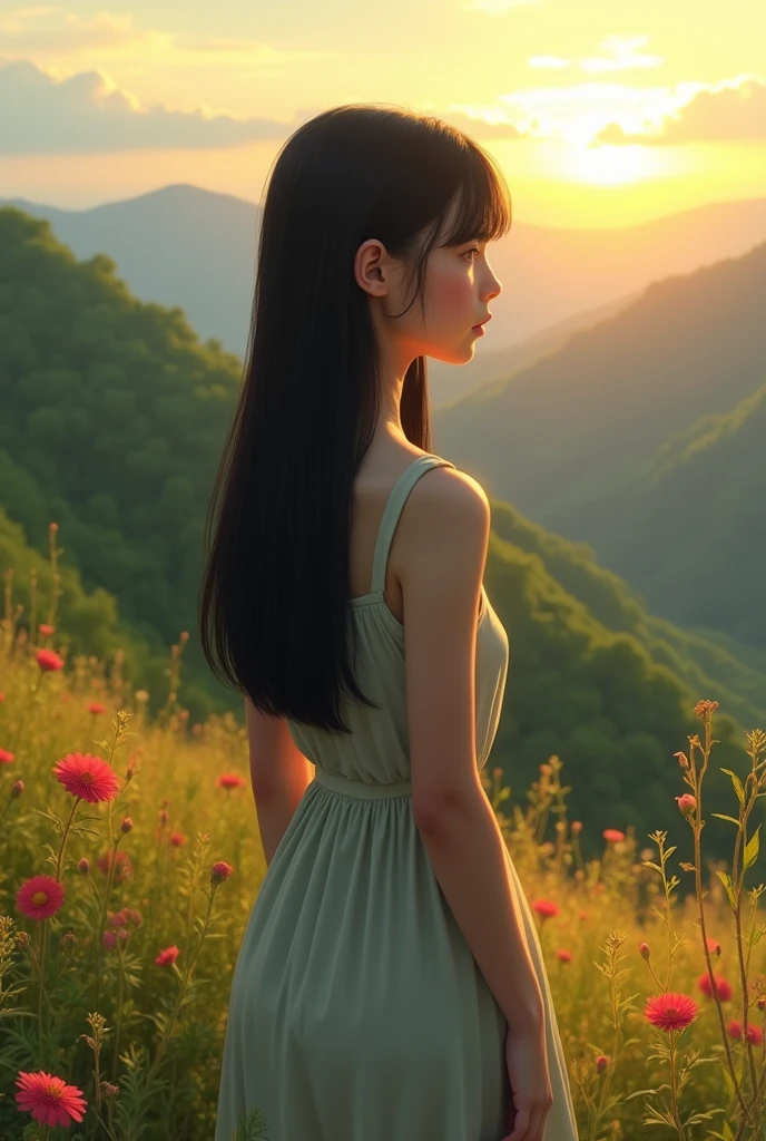 Teen girl modest long hair, straight black hair, fair skin, no figure, thin, facing the back , in scenic beauty more real image