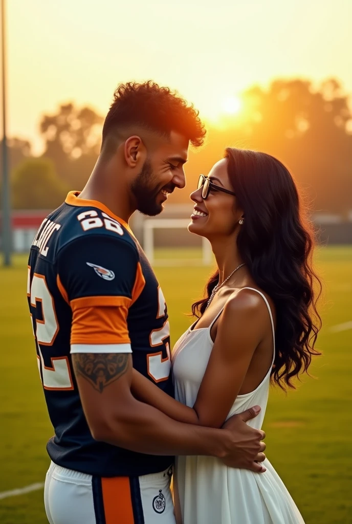 A man and woman in standing looking at each other with love and hugging each other . woman has black hair and wearing a white dress and glasses.boy is wearing 32 number sport jersey.man is taller than girl they are standing in football ground