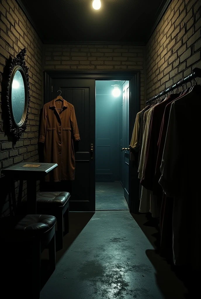Shadowy backstage area of an old theater, narrow hallways with exposed brick walls, dressing room door ajar with eerie light spilling out, shadows that seem to move on their own, vintage costumes hanging on racks, antique mirror reflecting something that isn't there, dense and charged atmosphere, Edward Hopper style