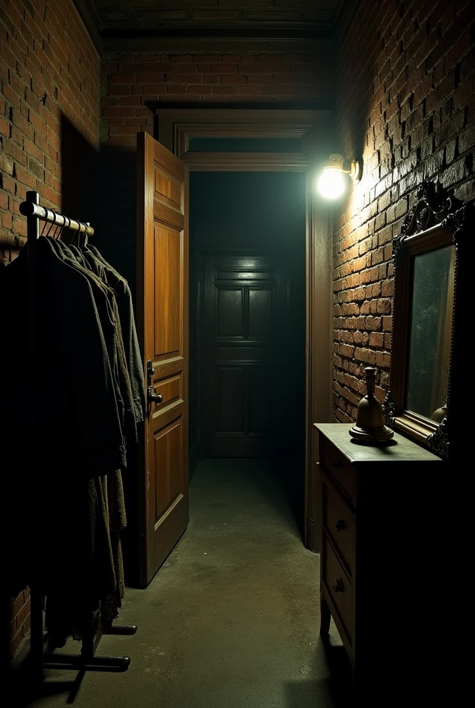 Shadowy backstage area of an old theater, narrow hallways with exposed brick walls, dressing room door ajar with eerie light spilling out, shadows that seem to move on their own, vintage costumes hanging on racks, antique mirror reflecting something that isn't there, dense and charged atmosphere, Edward Hopper style