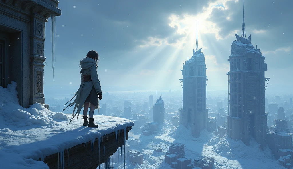 ((City covered in snow,Huge ice and snow,A world covered in snow)),Standing on the balcony,Snowy sky,Ruined city,Sunlight shining through dark clouds,Anime style