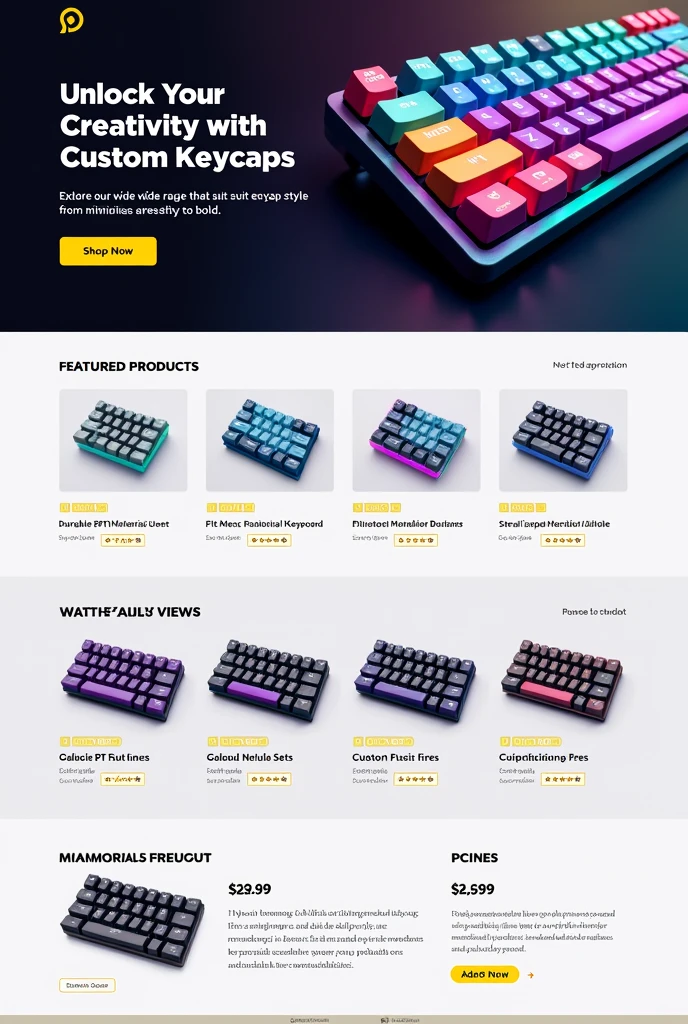 To create an attractive keycap landing page for your lead generation campaign, I'll outline a design concept that can capture the attention of both teenagers and working adults. The landing page will be user-friendly, visually appealing, and persuasive. Here's a breakdown of the key sections and elements: 1. Hero Section Background Image: A high-quality, vibrant image of a mechanical keyboard with unique and colorful keycaps to immediately grab attention. Headline: "Unlock Your Creativity with Custom Keycaps" Subheadline: "Explore our wide range of keycaps that suit every style, from minimalistic to bold." Call-to-Action (CTA) Button: Text: "Shop Now" Design: A prominent, contrasting button that stands out from the background (e.g., bright yellow or orange against a dark or gradient background). 2. Featured Products Section Grid Layout: A clean, grid-based layout showcasing keycap sets. Each product block should include: Product Image: High-resolution, zoomable images showing keycaps from different angles. Product Name: A catchy, descriptive name (e.g., "Galaxy Nebula Keycap Set"). Price: Clearly displayed, with options for discounts (e.g., "Starting at $29.99"). Quick View Option: A hover effect that provides a quick view of key details like material, compatibility, and key profile. 3. Product Details Section Expanded View: When a product is clicked, an expanded view should appear with: Detailed Description: Explain the design inspiration, materials used, and the benefits (e.g., durability, comfort). Customization Options: Dropdown menus or swatches to choose different colors, profiles, and materials. Add to Cart Button: Prominently displayed, with options to continue shopping or proceed to checkout. Ratings & Reviews: Display star ratings and snippets of customer feedback to build trust. 4. Benefits and Features Section Icons and Text: Use icons to highlight key features such as: "Durable PBT Material" "Fits Most Mechanical Keyboards" "Easy to Install" Visual App