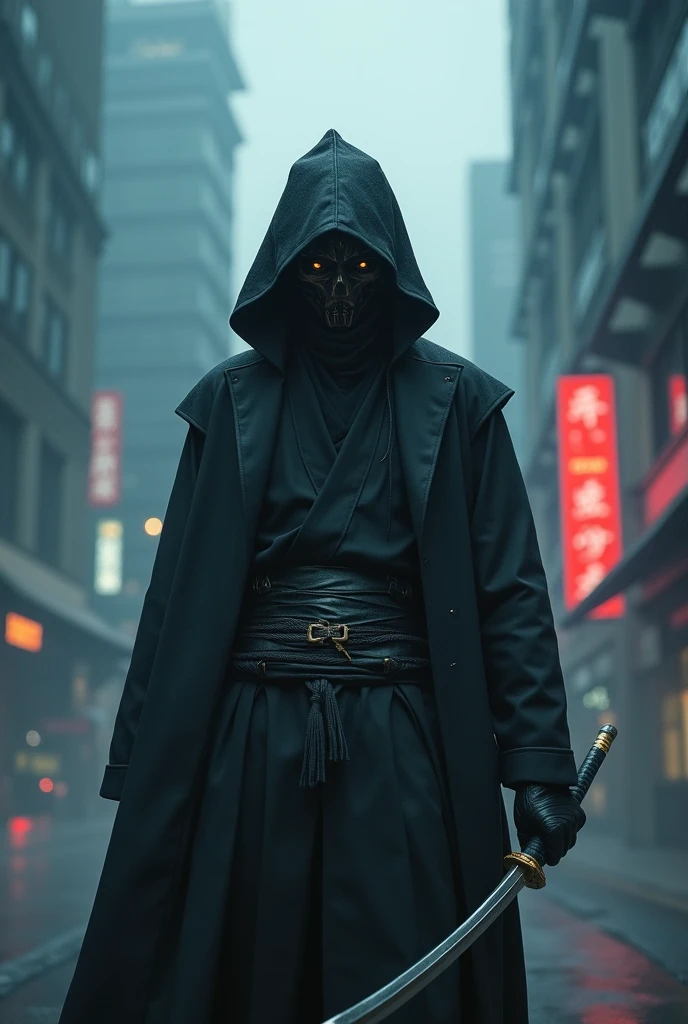 man with mask and katana in anime style with dark tone