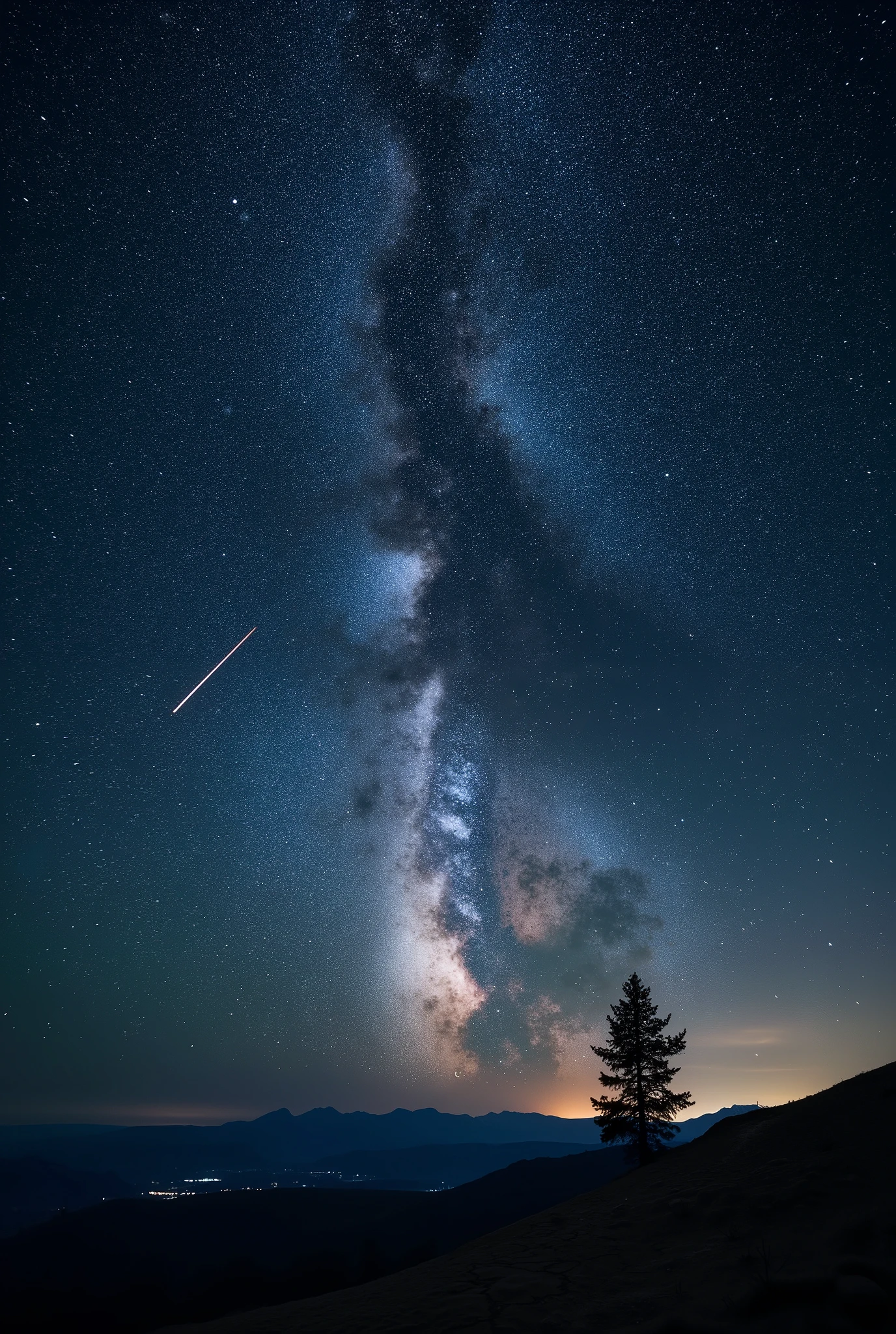 A breathtaking view of a starry sky. Picture an expanse of dark, velvet-like sky filled with countless twinkling stars. The stars might vary in size and brightness, some appearing as tiny pinpricks of light, while others shine brightly enough to stand out distinctly.The Milky Way could be visible as well, its band of stars creating a hazy streak of light across the sky. In some parts of the sky, clusters of stars could form recognisable constellations, serving as markers for those familiar with celestial navigation.The scene might be further enhanced with the occasional shooting star streaking across the sky, leaving a brief trail of light in its wake. The sky wraps around the viewer in a grand spectacle, with the horizon possibly hinting at the silhouette of a landscape - perhaps a mountain range, a forest, or a lone tree standing in a field.
This stunning starry sky inspires awe and wonder, reminding us of the vastness of the universe and our own place within it. It’s a serene and tranquil scene, perfect for contemplation and introspection.

