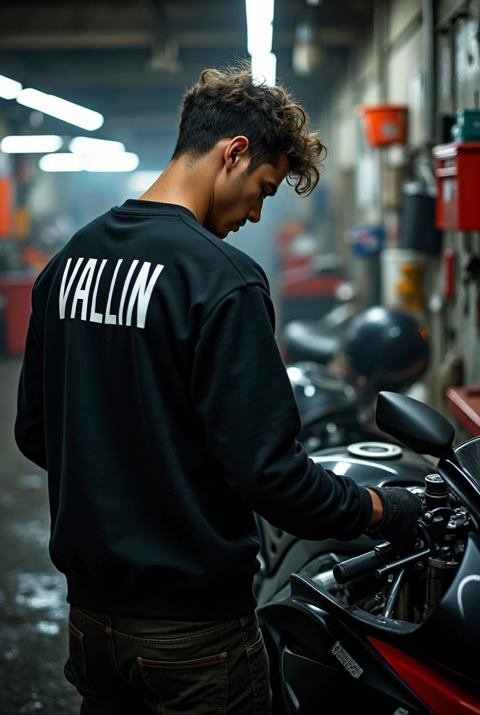 Someone focused on a Yamaha r1 that on the back of his sweatshirt says vallin