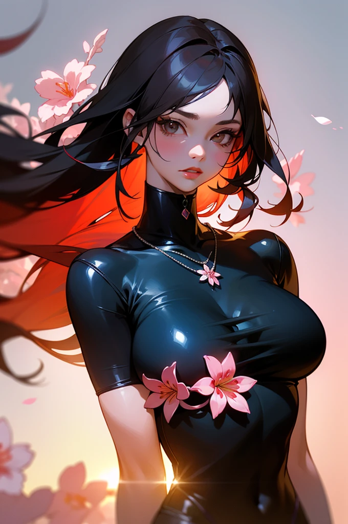 ((best quality))), ((ultra-detailed)), ((an extremely delicate and beautiful)), ((16k)), realistic, hd, cgi, gleaming hair, gleaming skin, Character focus, solo, sharp focus, illustration, game cg, anime, solo, curvy, (big breasts:1.2), white black pink sexy outfit, (belly:0.9), looking at the viewer, accessories, backlighting, shiny skin, shiny body, sakura pink flowers necklace, sakura pink flowers jewellery, long dark black hair, dark brown eyes, long hair red faded into black coloured hair, long hair, red ombre hair, red-black hair, more red hair streaks, soft lighting highlight character's face, soft lighting, deep rosy pink lips, smokey red eyeshadow, long braid, soft lighting highlight character's face, long side braid on the shoulder to waist, a background of sakura pink flowers
