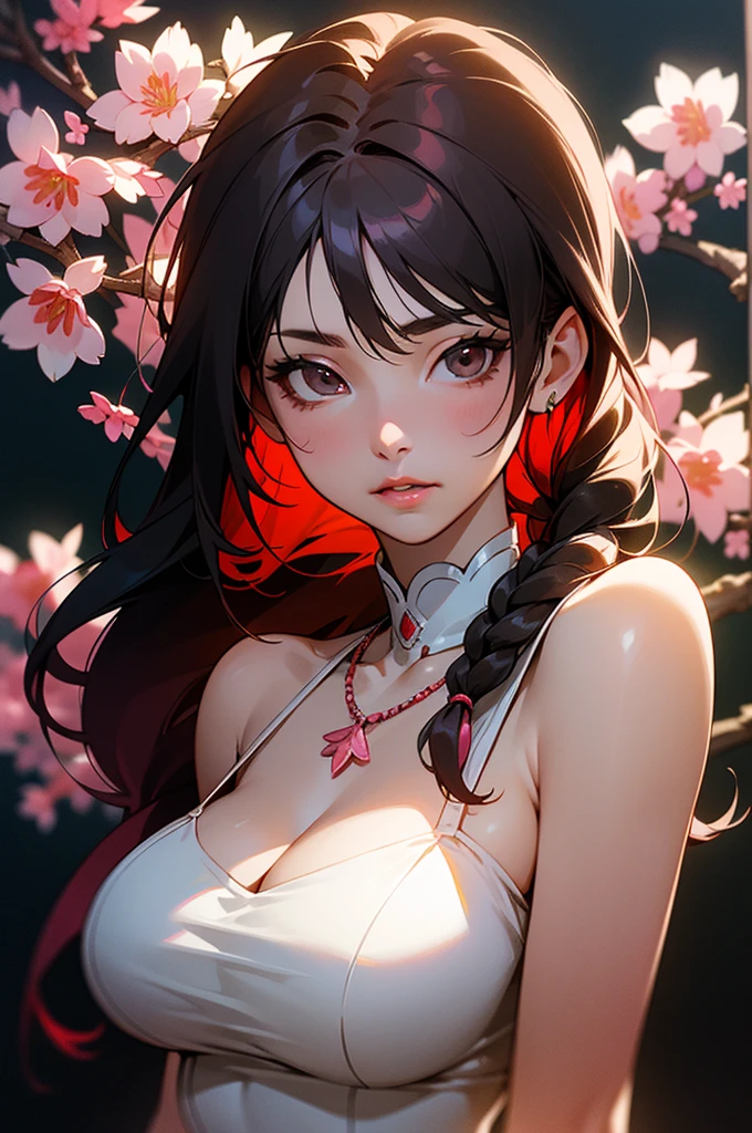 ((best quality))), ((ultra-detailed)), ((an extremely delicate and beautiful)), ((16k)), realistic, hd, cgi, gleaming hair, gleaming skin, Character focus, solo, sharp focus, illustration, game cg, anime, solo, curvy, (big breasts:1.2), white black pink sexy outfit, (belly:0.9), looking at the viewer, accessories, backlighting, shiny skin, shiny body, sakura pink flowers necklace, sakura pink flowers jewellery, long dark black hair, dark brown eyes, long hair red faded into black coloured hair, long hair, red ombre hair, red-black hair, more red hair streaks, soft lighting highlight character's face, soft lighting, deep rosy pink lips, smokey red eyeshadow, long braid, soft lighting highlight character's face, long side braid on the shoulder to waist, a background of sakura pink flowers
