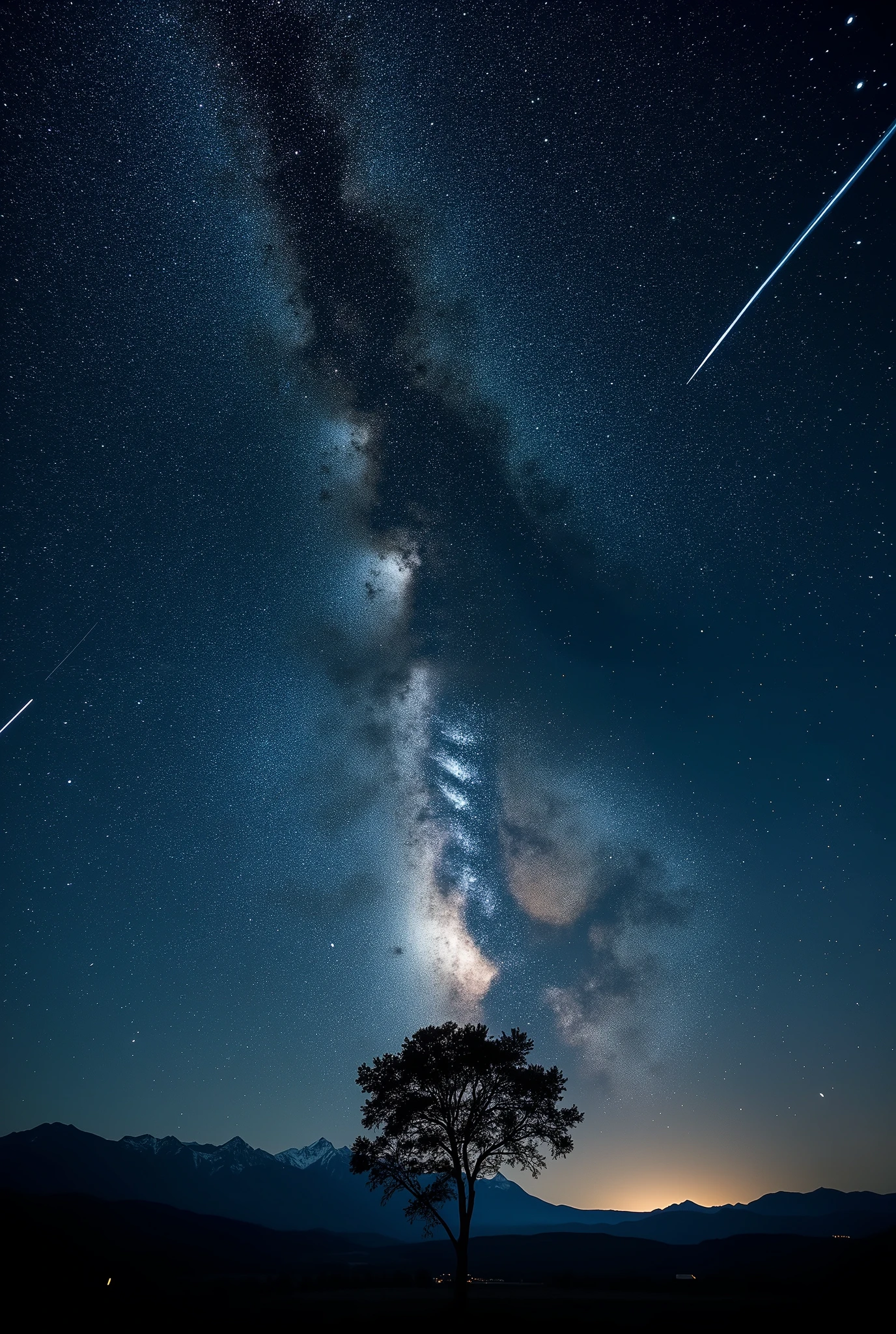 A breathtaking view of a starry sky. Picture an expanse of dark, velvet-like sky filled with countless twinkling stars. The stars might vary in size and brightness, some appearing as tiny pinpricks of light, while others shine brightly enough to stand out distinctly.The Milky Way could be visible as well, its band of stars creating a hazy streak of light across the sky. In some parts of the sky, clusters of stars could form recognisable constellations, serving as markers for those familiar with celestial navigation.The scene might be further enhanced with the occasional shooting star streaking across the sky, leaving a brief trail of light in its wake. The sky wraps around the viewer in a grand spectacle, with the horizon possibly hinting at the silhouette of a landscape - perhaps a mountain range, a forest, or a lone tree standing in a field.
This stunning starry sky inspires awe and wonder, reminding us of the vastness of the universe and our own place within it. It’s a serene and tranquil scene, perfect for contemplation and introspection.

