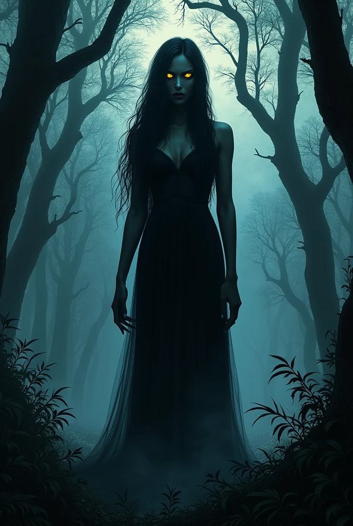  
I want a cover for a mystery and horror book in a forest. I want a creature in the form of a woman with long hair down to her feet, dark-skinned, yellow eyes, long and sharp nails, It&#39;s very scary and its feet must be backwards like the ciguapa 