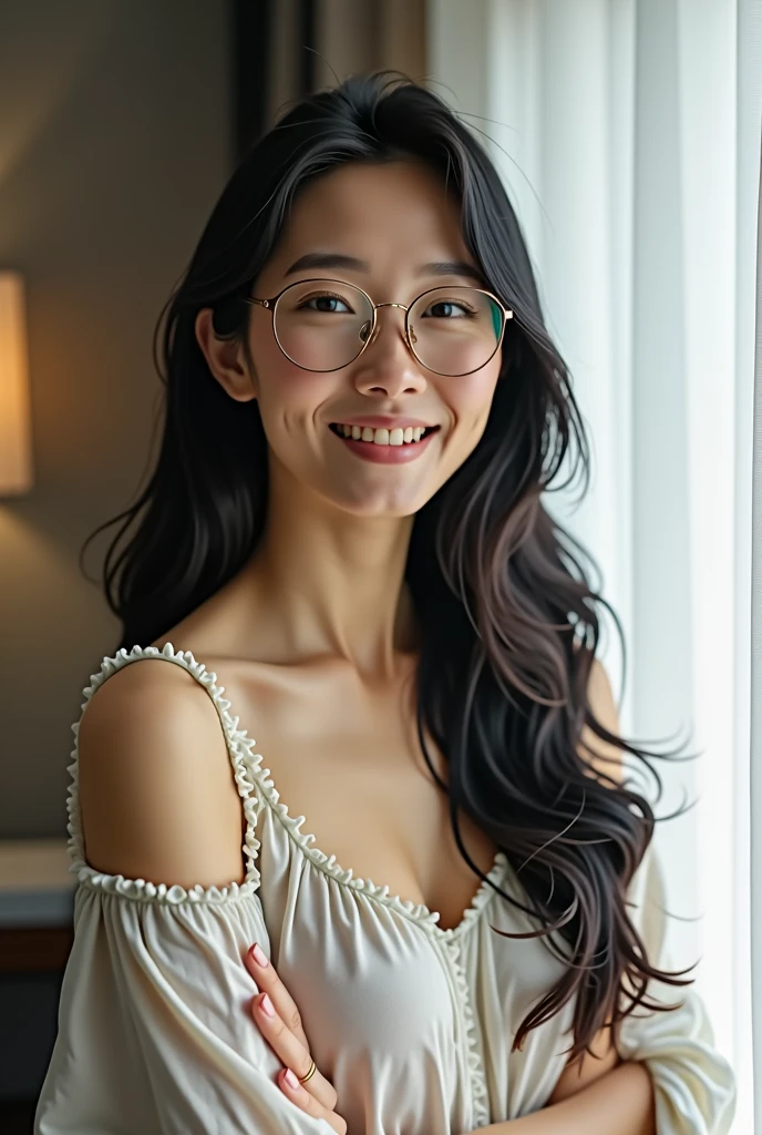 A middle-aged, pale-skinned, naked Japanese woman wearing glasses。Small breasts。Smiling and facing forward。He has black hair combed back。A neat feeling。