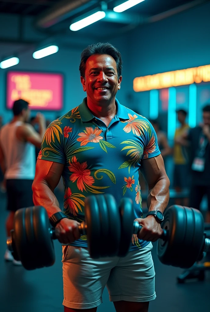 Silvio Santos from SBT lifting weights in the gym 