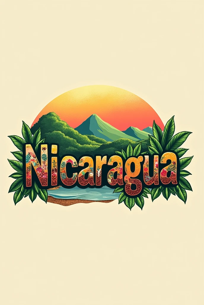 Image of the word Nicaragua with representative things of the country inside the word that is simple