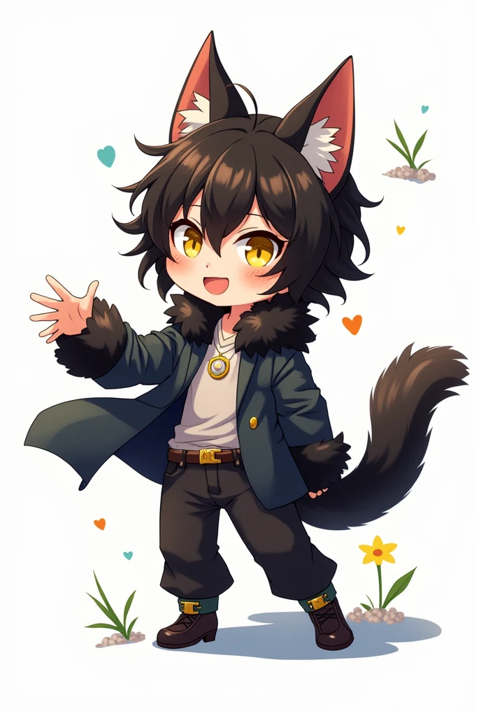 (masterpiece, high quality, mystic), (ultra high resolution, Foto RAW 8K, natural lighting, textile shading), wide photo:1.6, (1 handsome anime boy:1.3, Alone:1.5, Whole body:1.3), alone, shiny skin, BREAK, 1 chico, male focus, yellow eyes, black fur, official, ((Whole body:1.3, unbalanced posture)), movie poster image, Exotic wallpapers, fantastic colorful art, (fantasy image:1.5), ((correct hand)), ((chibi)), chibi style, super chibi, (random pose), dynamic pose, arm out, one leg behind, framed background, White background, Whole body