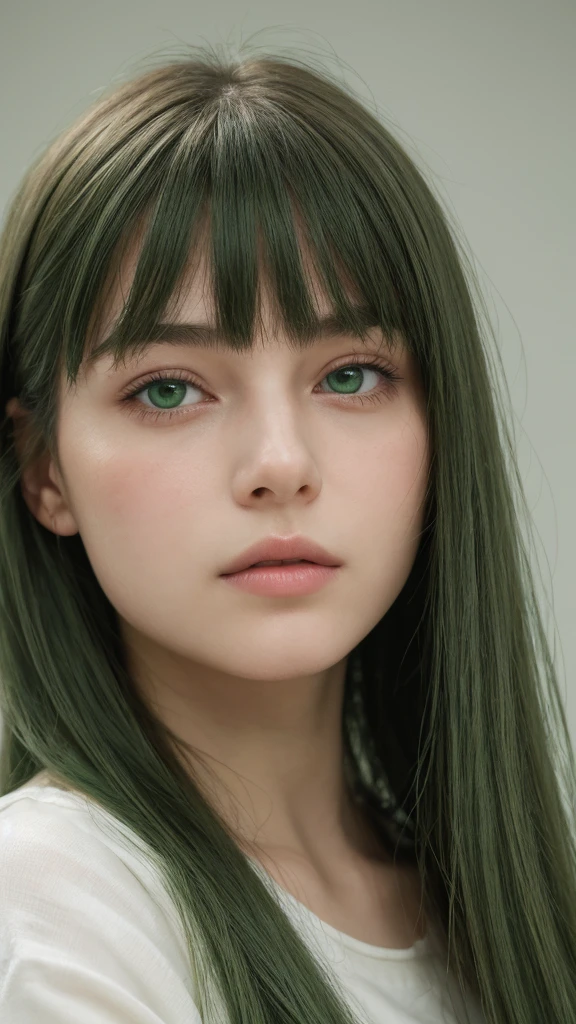 a girl. European. Extremely detailed face. Oval face. Delicate facial features. Half-closed eyes. Long straight hair. Messy hair. Bangs. Green hair. Green eyes. pensive eyes. Shy. Straight face