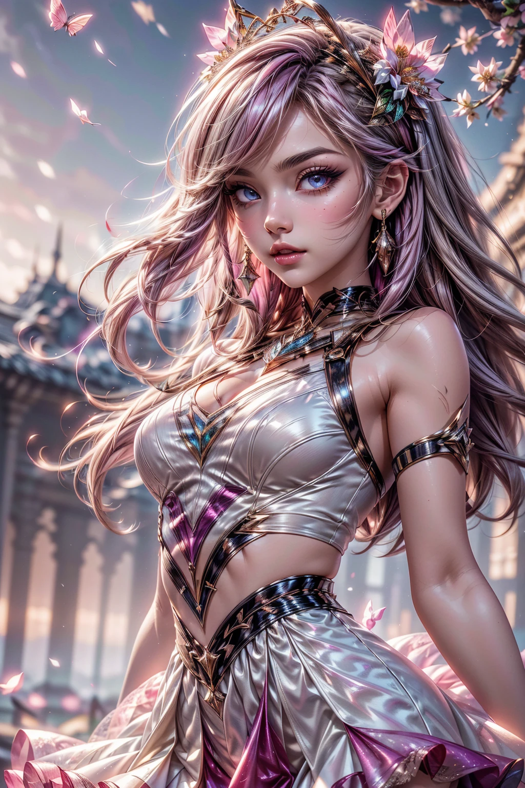 (CG unity 8k wallpaper extremely detailed) (better quality) (better lighting) (an extremely delicate and beautiful) (floating) (beautiful) (spring atmosphere) (1girl) (long pink hair), (hair headband), (detailed and beautiful blue eyes), ((very short white dress, pink lace underside), (lace), ((light transparent silk))), (cherry blossom petals), (butterflies), (dof), (volumetric light) cinematic lighting, chromatic aberration, Sony FE GM, textured skin, high details, highres, 8k