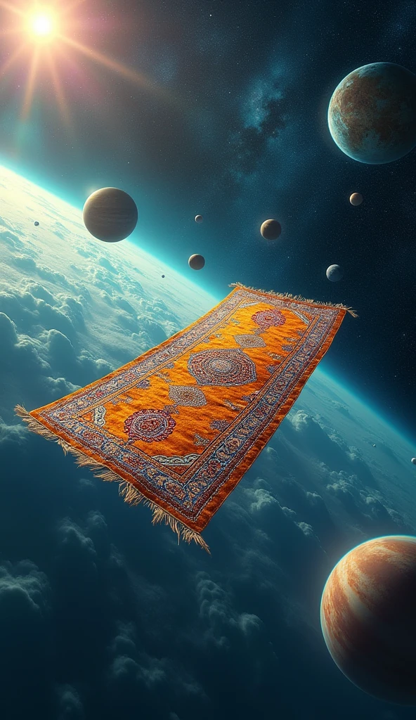 A flying carpet in space with planets and the sun in the background