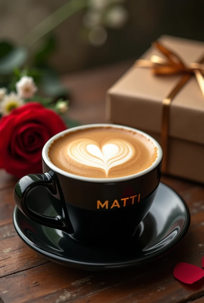 On the wooden table sits a black ceramic coffee cup filled with espresso and topped with a delicate latte art like heart-shaped leaf pattern and a red Rose and small white flower sits on table and a gift, with the words "MINATI" written on the cup clear golden bold letters. The background is softly blurred, which emphasizes the warm colors of the drink, 32k HDR quality picture.