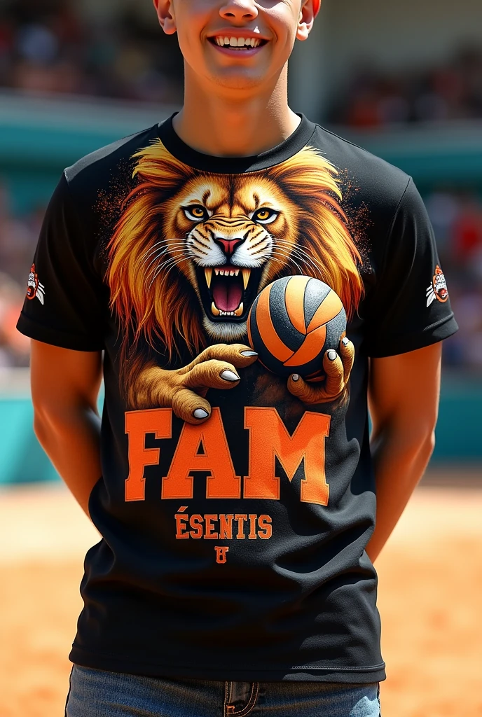 Black and orange Resenha shirt, with team name on chest,  with realistic lion print biting a volleyball 