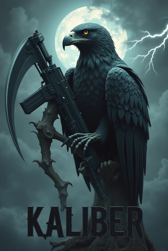 A hawk as the grim reaper holding a machine gun with the word kaliber below it in large text