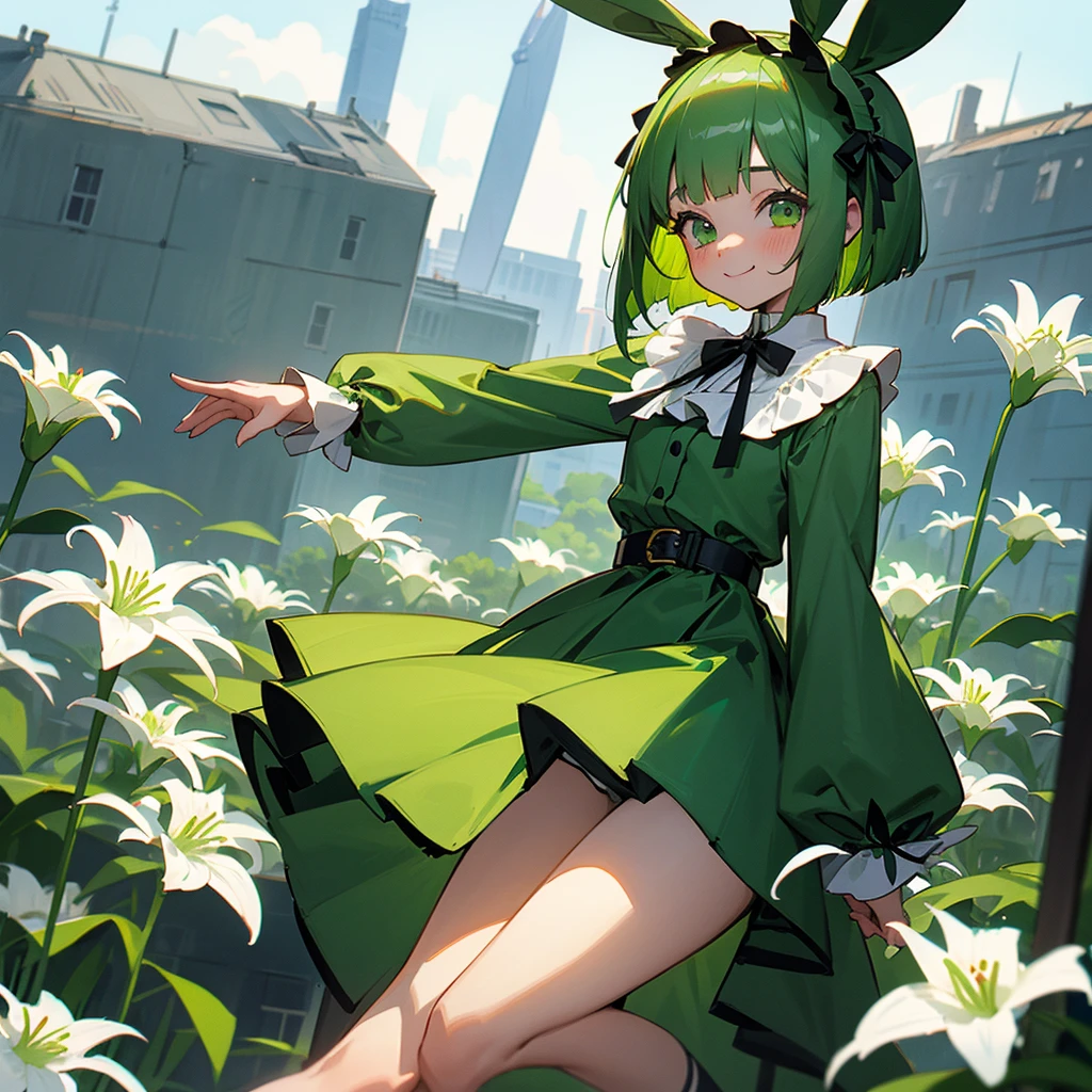Green rabbit ears, green animal ears, a girl, bob cut, green hair, green eyes, look young, alone, short, tiny,Lolita, childhood,smile, White Lily blouse, mini skirt, hairband, belt, ribbon, kawaii, cute, 10-year-old, baby face, face, 1900 age, City,