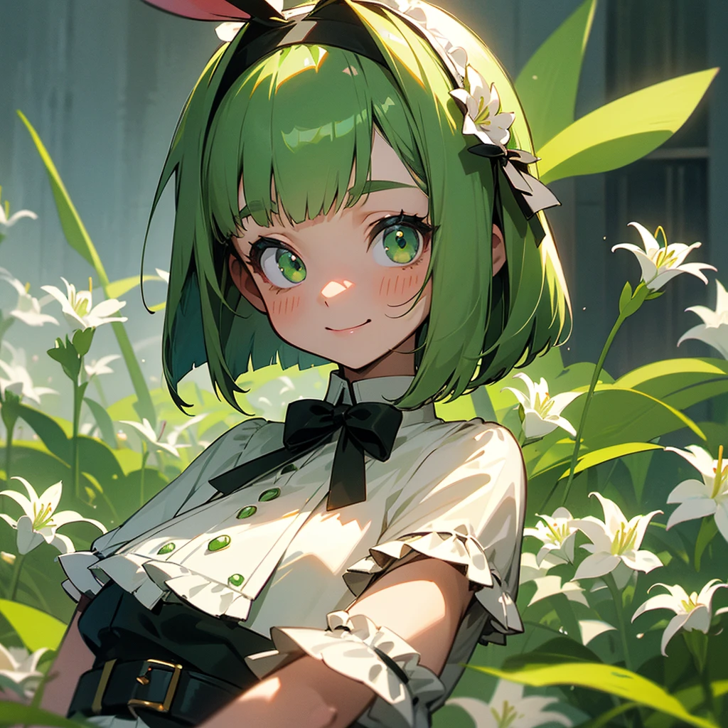 Green rabbit ears, green animal ears, a girl, bob cut, green hair, green eyes, look young, alone, short, tiny,Lolita, childhood,smile, White Lily blouse, mini skirt, hairband, belt, ribbon, kawaii, cute, 10-year-old, baby face, face, 1900 age, City,