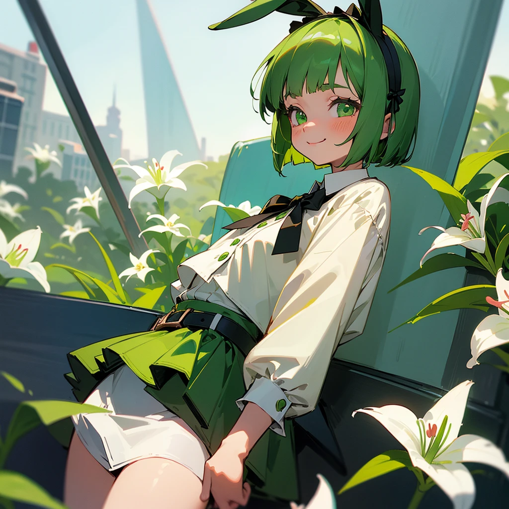Green rabbit ears, green animal ears, a girl, bob cut, green hair, green eyes, look young, alone, short,  tiny,Lolita, childhood,smile, White Lily blouse, mini skirt, hairband, belt, ribbon, kawaii, cute, 10-year-old, baby face, face, 1900 age, City,